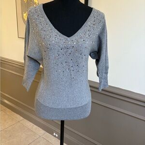White House Black Market Gray V-Neck Sweater with Sparkly Details